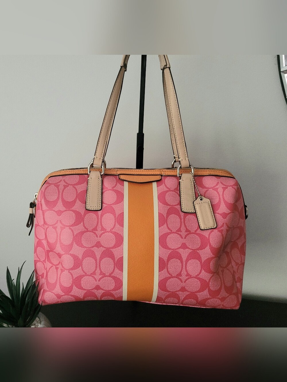 Coach Pink And Orange Signature Stripe Satchel